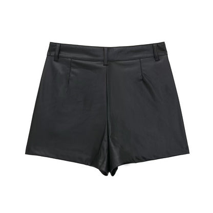 Shorts Women Wind Black Faux Leather High Waist Straight Shorts