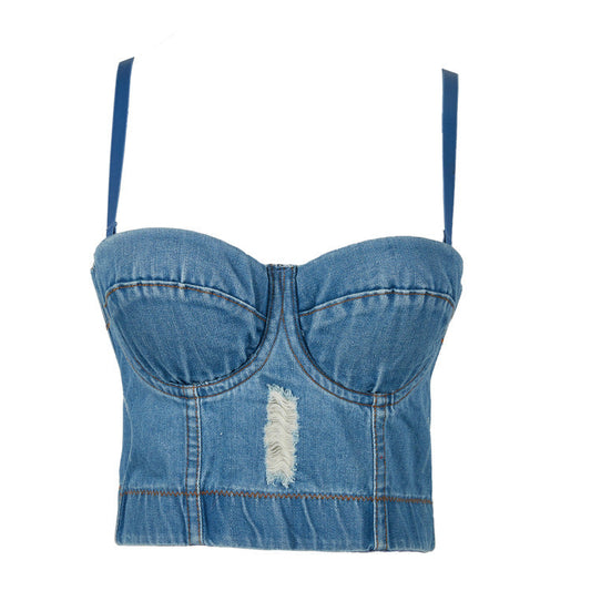 Corset Vest Washed Ripped Denim Straps Women Summer Boning