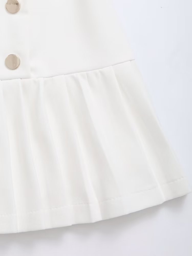 Spring Women Clothing High Waist Button Decoration Pleated Skirt Women