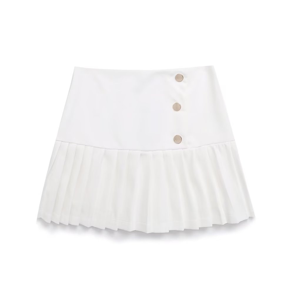 Spring Women Clothing High Waist Button Decoration Pleated Skirt Women