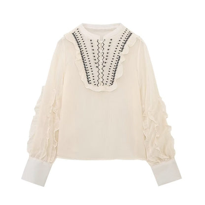 Summer Women High Grade Long Sleeve Round Neck Loose Embroidered Shirt