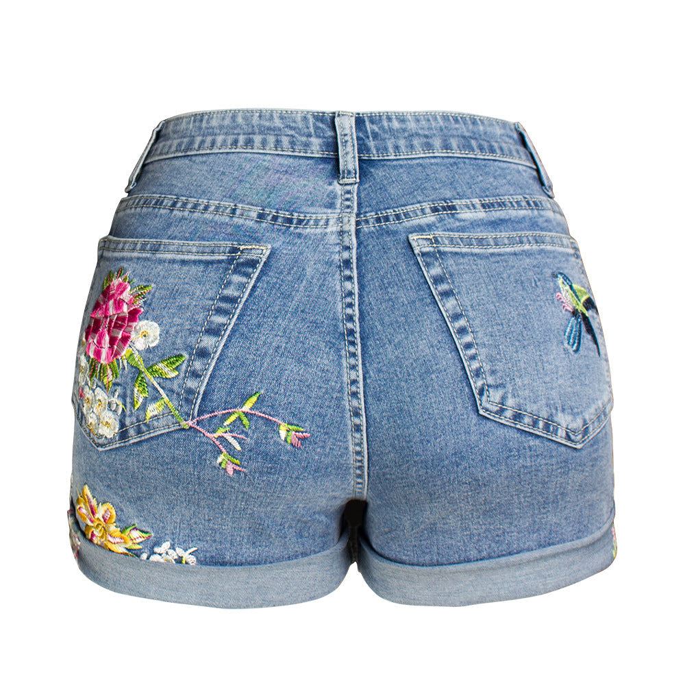 Denim Shorts Women Wide Leg Stretch Shorts Women Embroidered Shorts