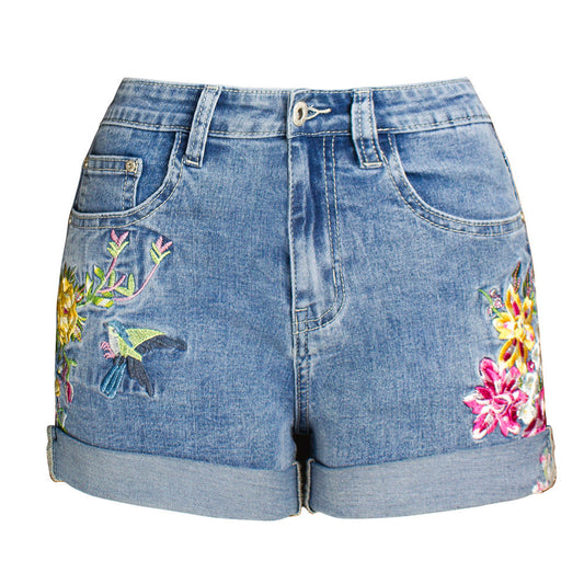 Denim Shorts Women Wide Leg Stretch Shorts Women Embroidered Shorts