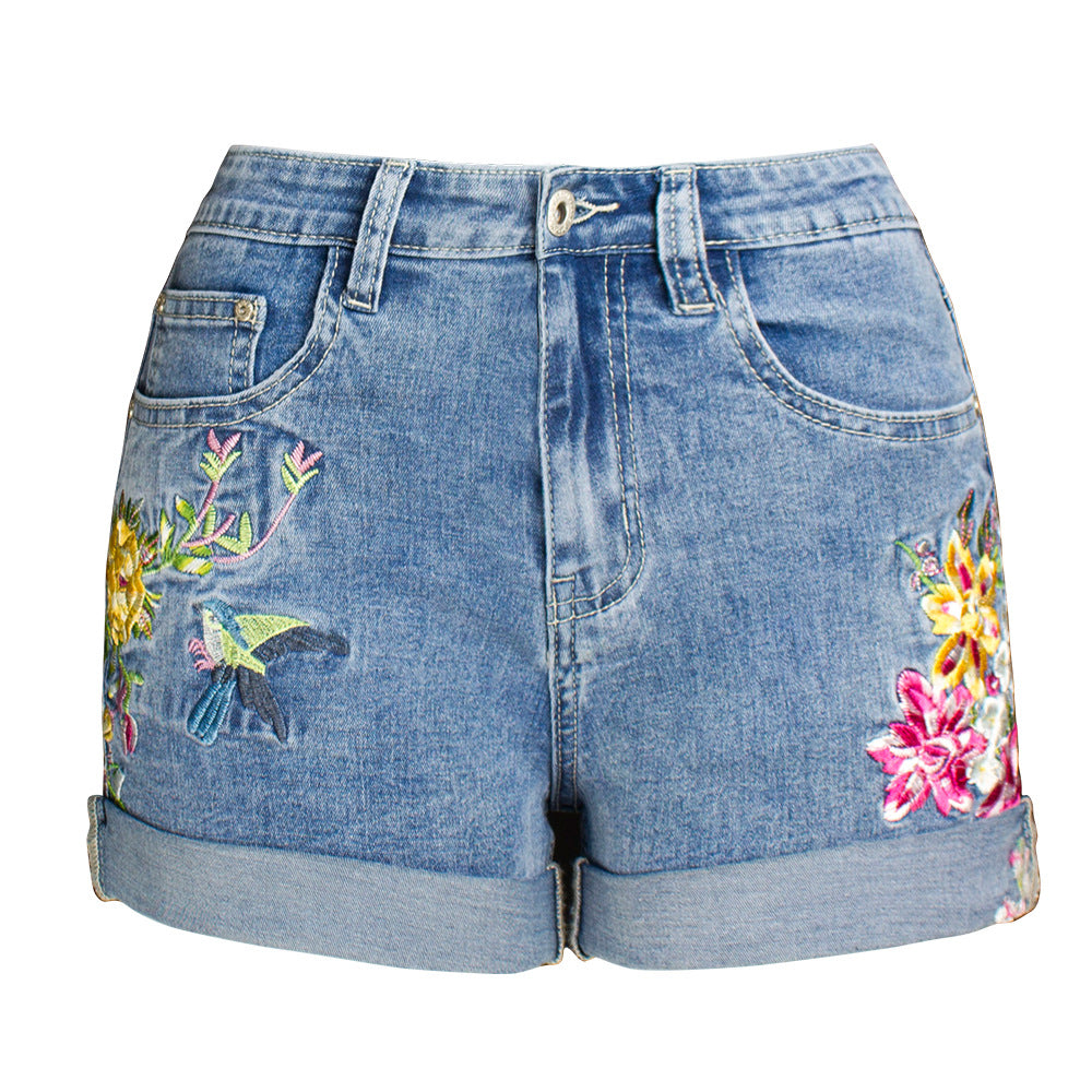 Denim Shorts Women Wide Leg Stretch Shorts Women Embroidered Shorts