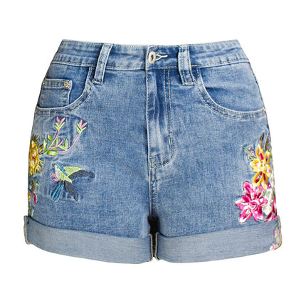 Denim Shorts Women Wide Leg Stretch Shorts Women Embroidered Shorts