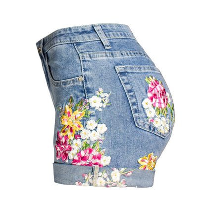 Denim Shorts Women Wide Leg Stretch Shorts Women Embroidered Shorts