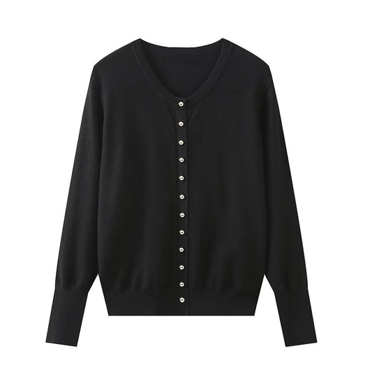 Knitted Coat Women Niche Round Neck Decorated Row Button Knitted Coat.