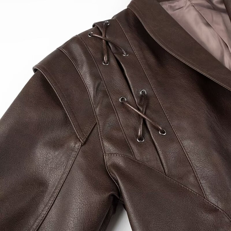 Women Clothing Winter Casual All Match Coffee Brown Leather Coat Match