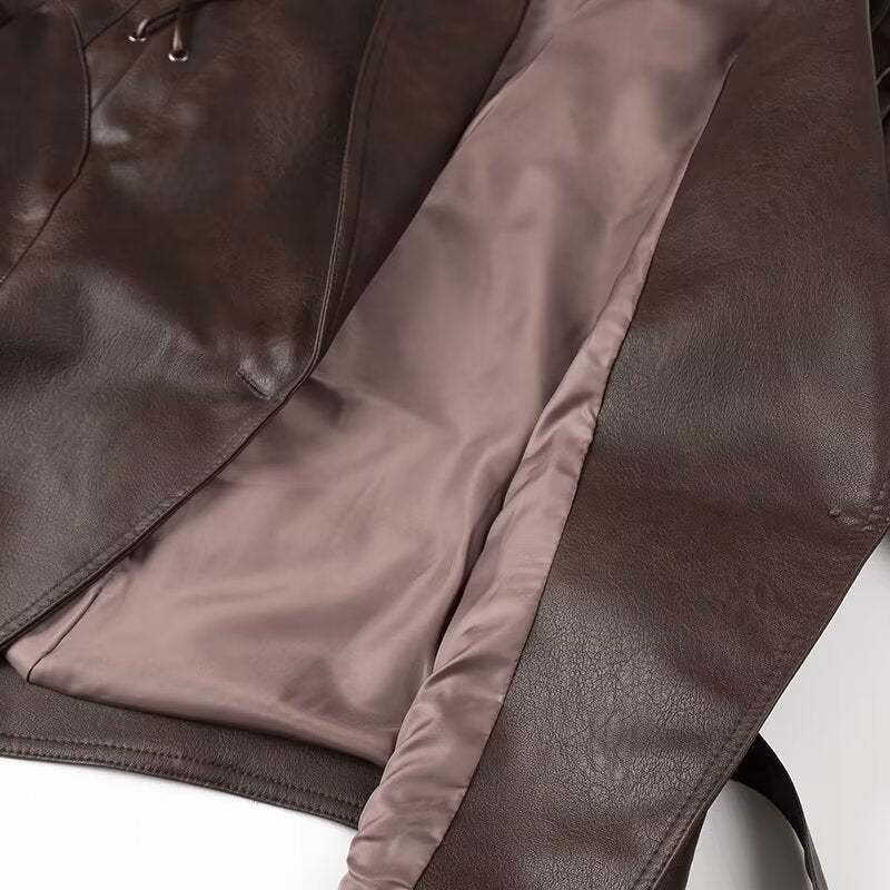 Women Clothing Winter Casual All Match Coffee Brown Leather Coat Match