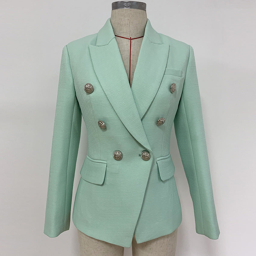 Women Double Breasted Lion Head Buckle Slim Fit Blazer Mint Green