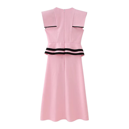 Women Clothing Padded Shoulder Contrasting Color Dress