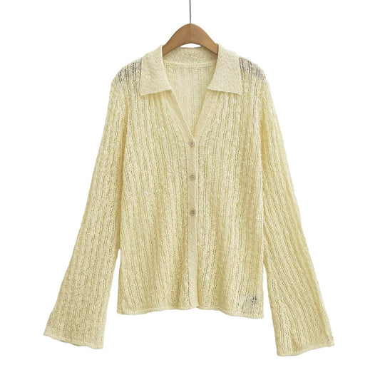 Long Sleeve Top French Polo Collar Knitted Cardigan Gentle Elegant Top