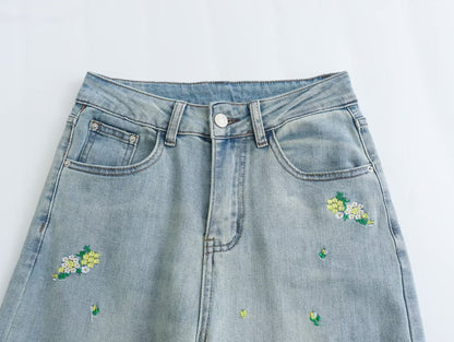 Women Jean Patent hem Chinese Embroidery Skin Friendly Design Straight