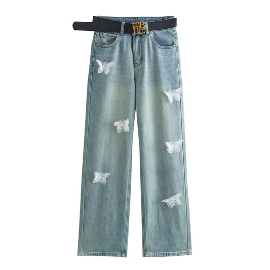 Butterfly Light Blue Chopsticks Pants Elastic Straight Jeans Korean Slimming Mopping Casual Pants