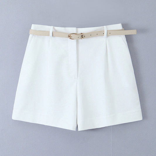 Women Clothing Summer Office Casual With Belt Pleated Wide Leg Shorts.