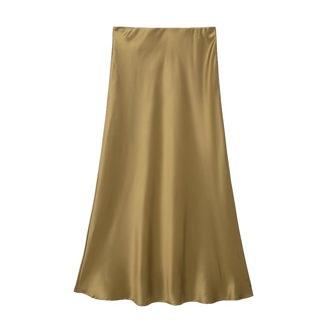  Midi Skirt Women Clothing Silk Satin Texture Midi Skirt