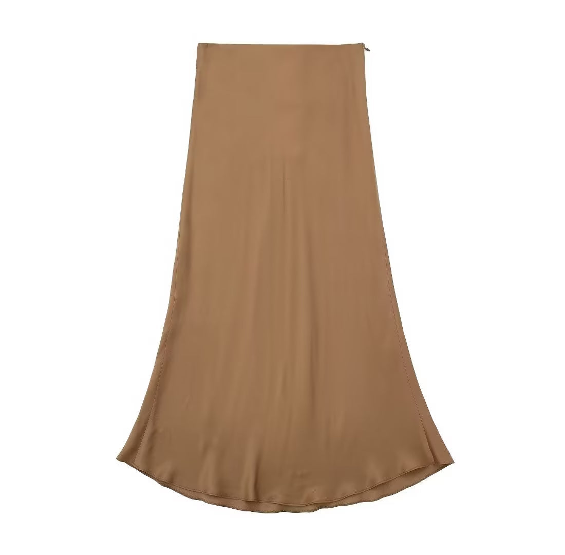  Midi Skirt Women Clothing Silk Satin Texture Midi Skirt