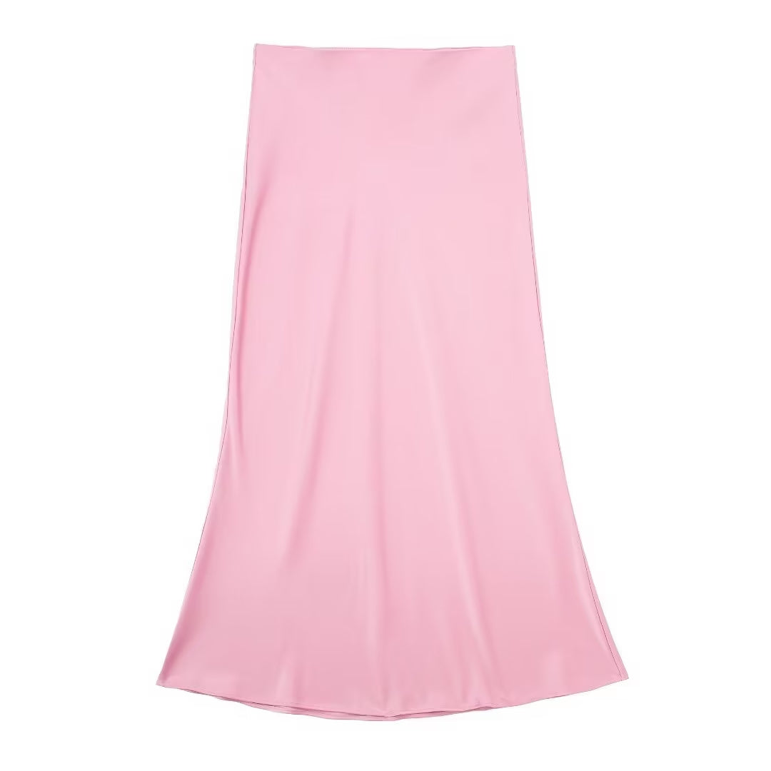  Midi Skirt Women Clothing Silk Satin Texture Midi Skirt