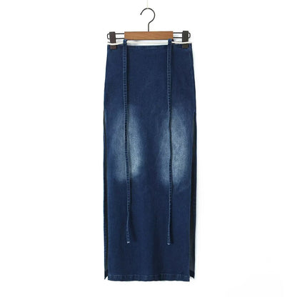 Skirt Women Spring Split Long Denim Skirt  Trendy Ribbon A line Skirt