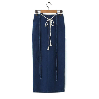 Skirt Women Spring Split Long Denim Skirt  Trendy Ribbon A line Skirt