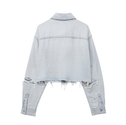  Denim Shacket Spring Women Clothing Casual Ripped Decoration