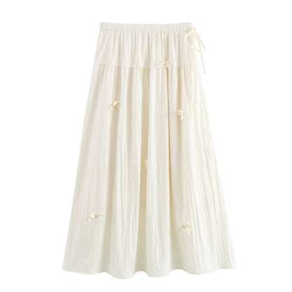 Slimming Skirts Spring Women Solids Color Elastic Waist Bow main Midi.