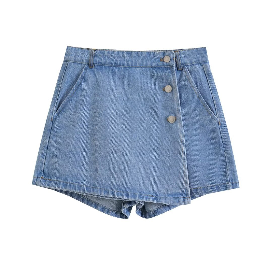 Denim Short Double Breasted Buckle All Match Denim Short For Women