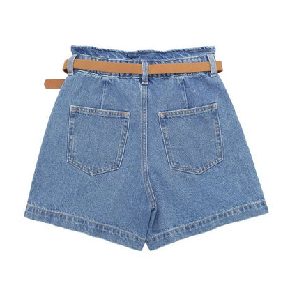 Women Clothing spring Summer casual Street With Belt Baggy Denim Short