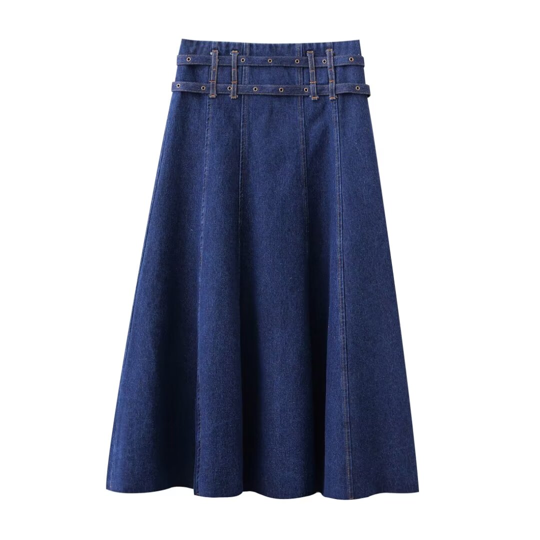 Skirt Women Retro Double Belt Raw Edge Denim Skirt Mid Length Skirt