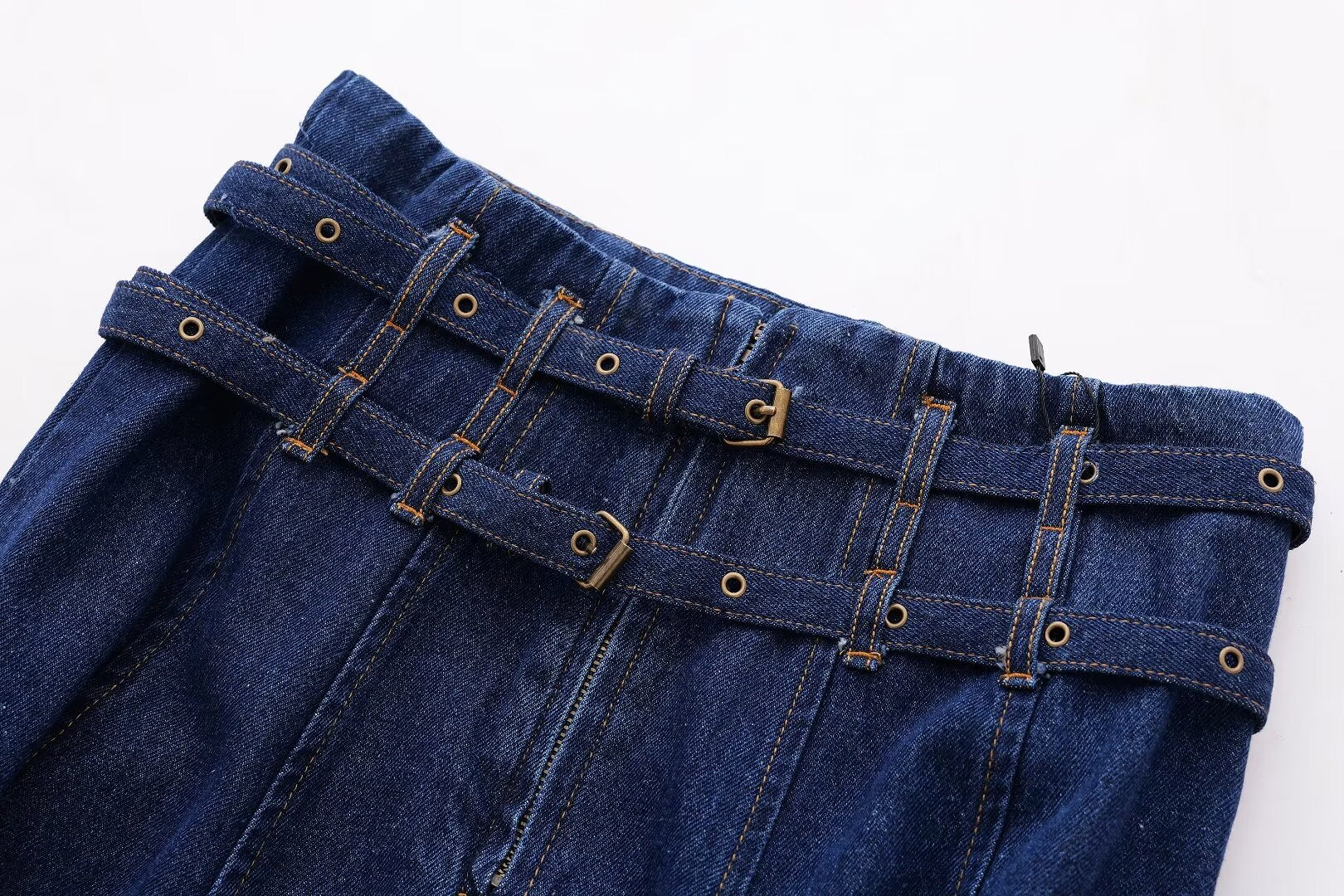 Skirt Women Retro Double Belt Raw Edge Denim Skirt Mid Length Skirt