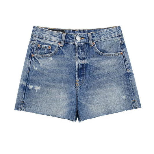  Denim Shorts Pants Comfortable High Waist Slimming Hand Frayed Pants