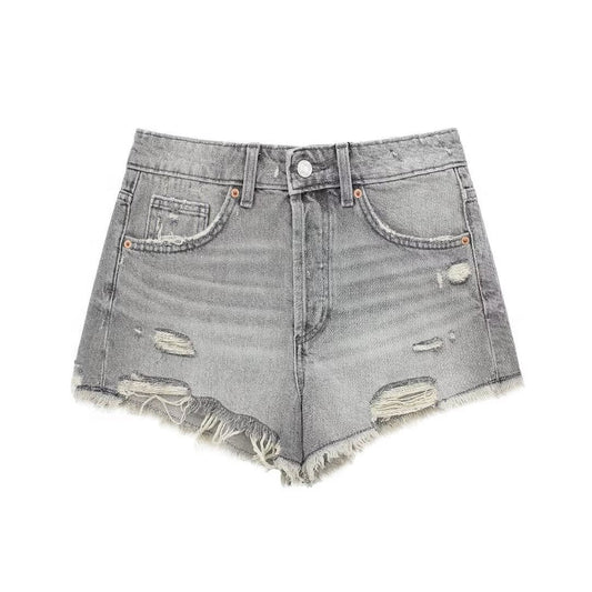 Denim Shorts Women French Perforated Hole Decoration High Waist short