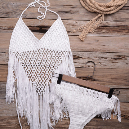 Swimsuit Hand Woven Beach Hollow Out Cutout Tassel Split Swimsuit 