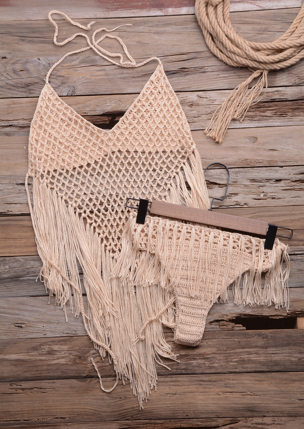 Swimsuit Hand Woven Beach Hollow Out Cutout Tassel Split Swimsuit 