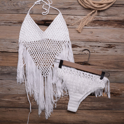 Swimsuit Hand Woven Beach Hollow Out Cutout Tassel Split Swimsuit 