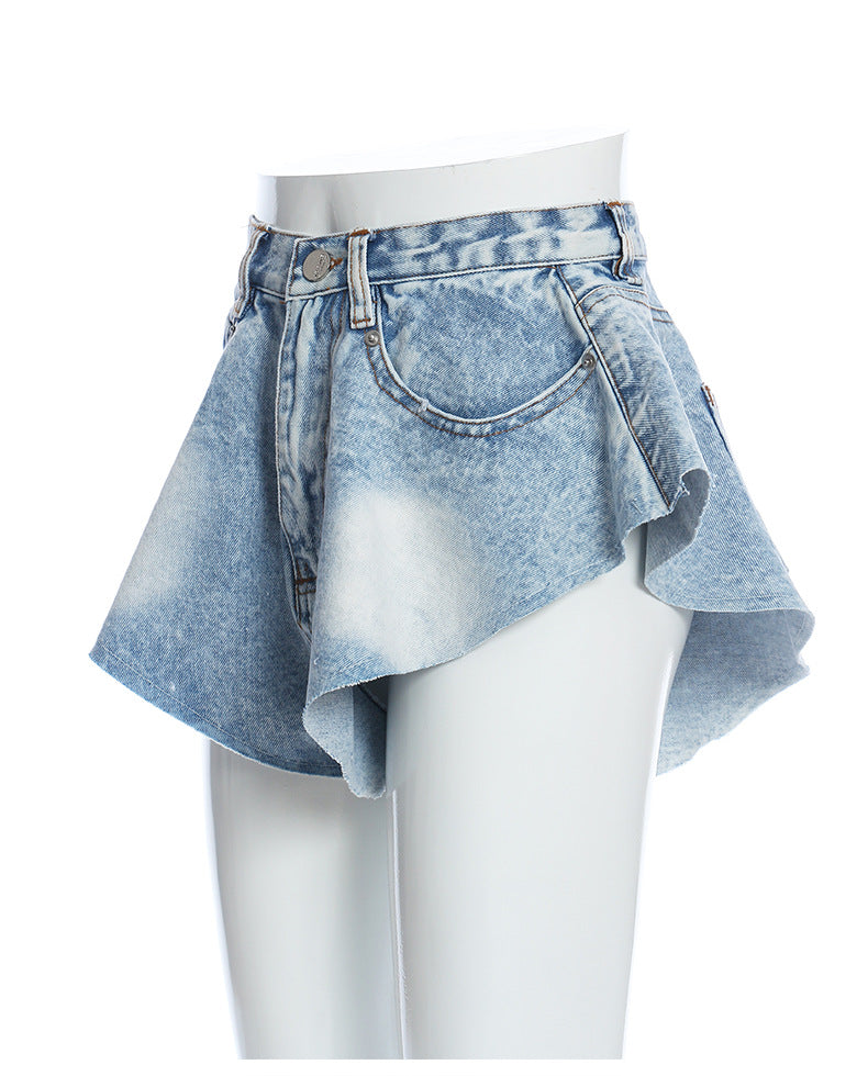  Denim Shorts Ruffled Hem Large Wide Leg Pants Faux Culottes