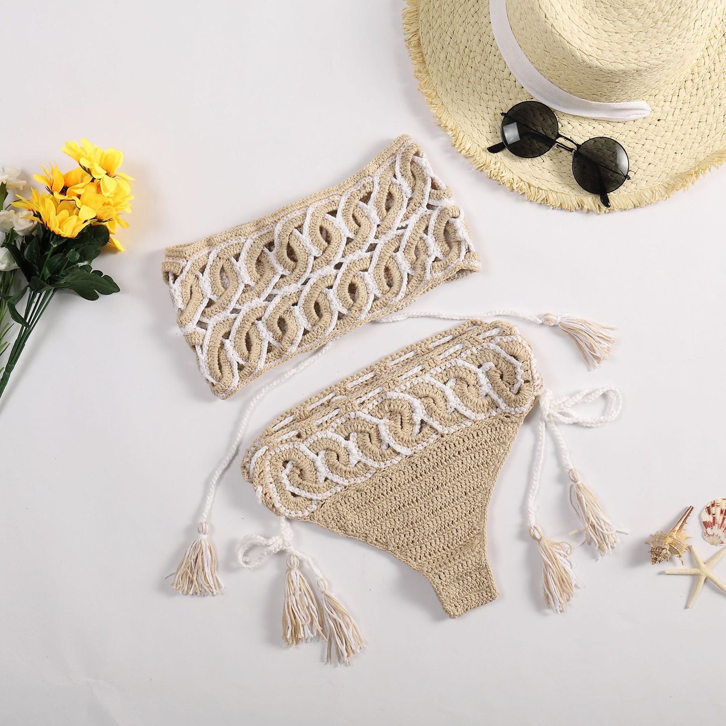 Women Swimsuit Summer Hand Crocheting Bikini Split Set Handmade Hollow