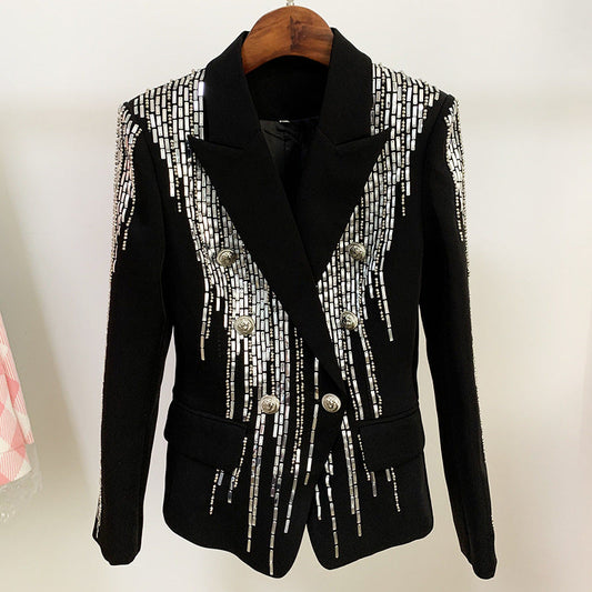  Women Jacket Jacket Double Breasted Heavy Industry Beads Slim Fit