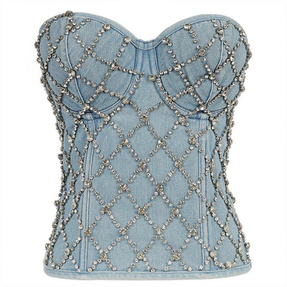 Tube Top Diamond Beaded Denim Strapless Vest Lace up Shaping Slim Fits