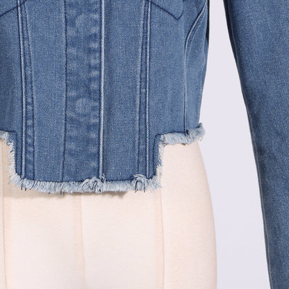 Spring Trendy O neck Short Pocket Stitching Long Sleeve Denim Coat