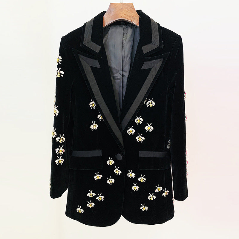 Autumn Winter Star Slim Bee Exquisite Rhinestone Beaded Velvet Blazer