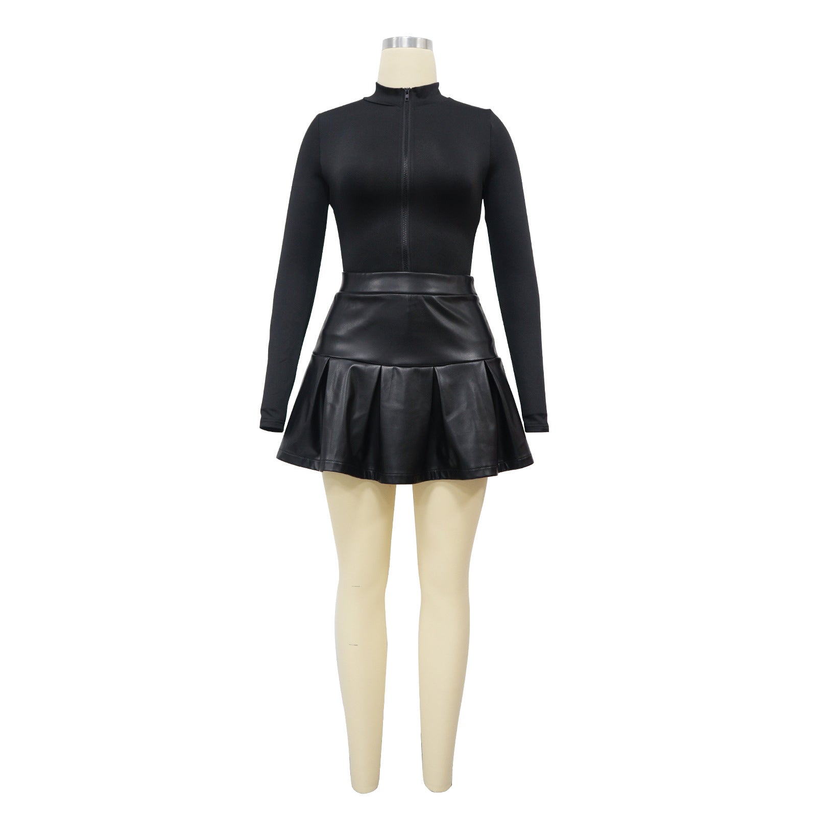 Women Wear Long Sleeve Jumpsuit Leather Skirt Autumn Winter Two Piece.