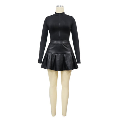 Women Wear Long Sleeve Jumpsuit Leather Skirt Autumn Winter Two Piece.