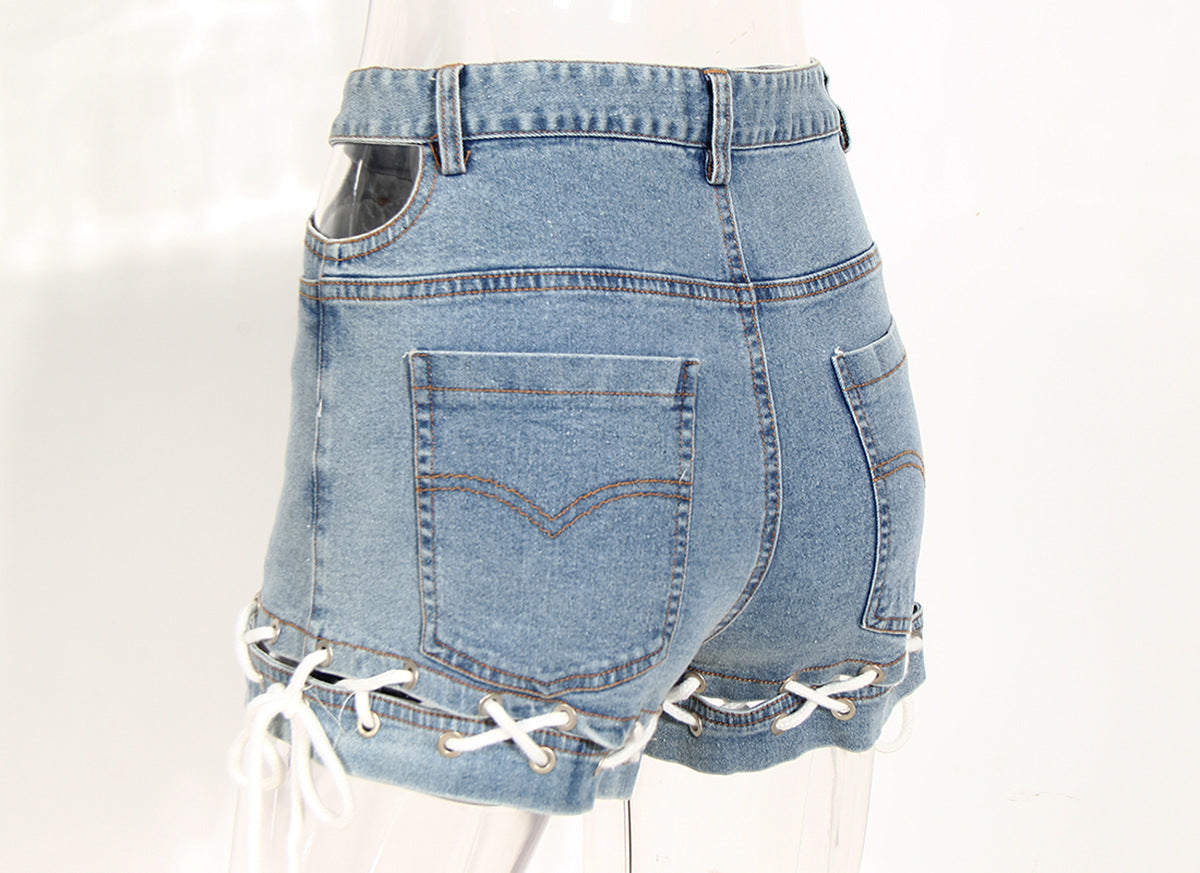 Denim Shorts Summer Waist Hollow Out Cutout Hem Braid Rope Loose pant