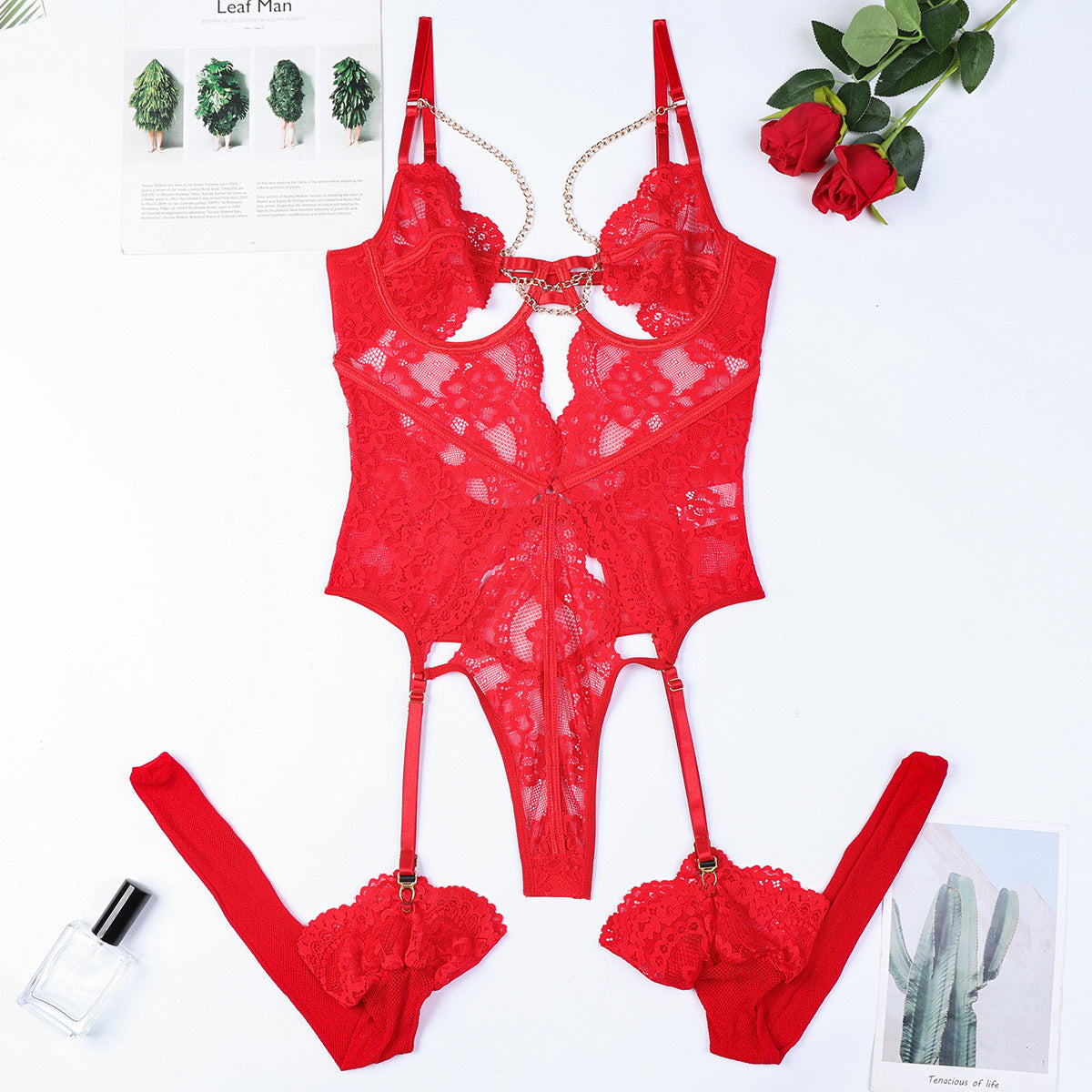 Red Lace Women Clothing Plunge Metal Chain Hollow Cutout Sexy Bustier.