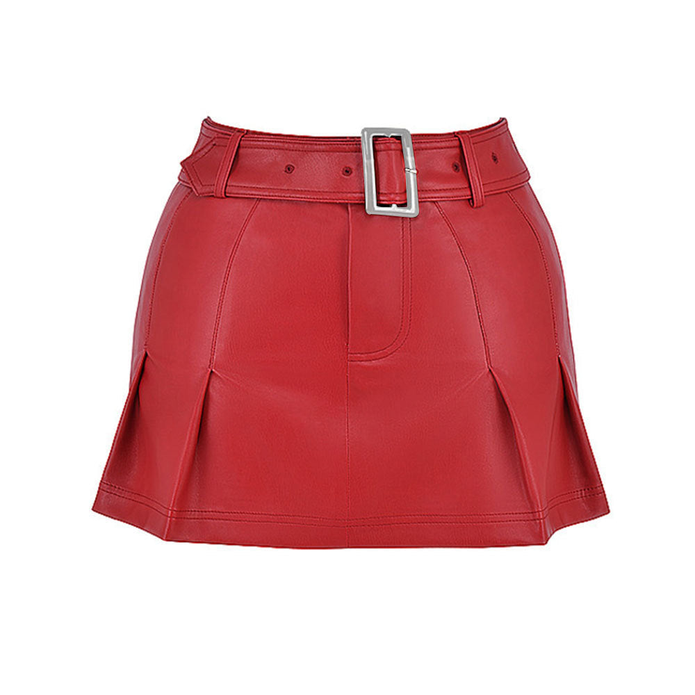 Mini Skirt Sexy Hipster Pleated Faux Leather Metallic Belt Skirt