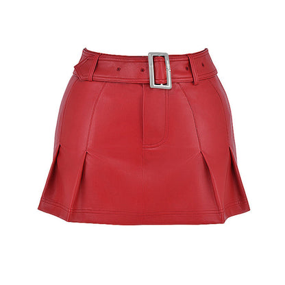 Mini Skirt Sexy Hipster Pleated Faux Leather Metallic Belt Skirt