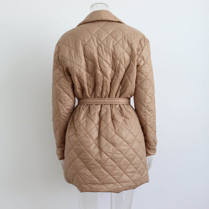 Rhombus Cotton Padded Mid-Length Collared Autumn Winter Street Women Coat Waist-Controlled Pocket Cotton Padded Coat