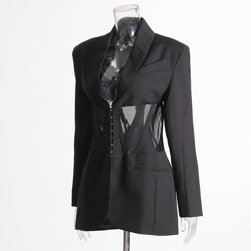 Blazer Boning Corset Waist Mesh Stitching See Through midlength design