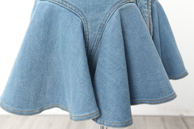 Skirt Ruffled Washed Elastic Denim Umbrella Shaped Skirt Women Skirt